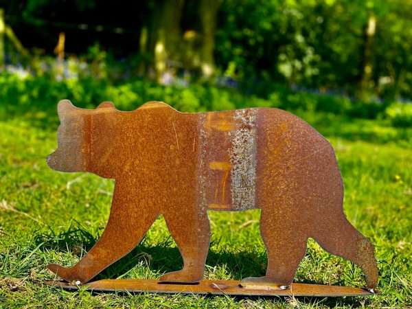 Small Exterior Rustic Metal Grizzly Bear Garden Stake Yard Art  / Flower Bed / Vegetable Patch / Centre Piece Sculpture  Gift