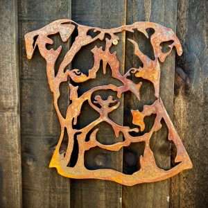 Large Exterior Rustic Rusty Staffordshire Bull Terrier Staffy Dog Head Garden Wall Hanger House Gate Sign Hanging Metal Art Sculpture