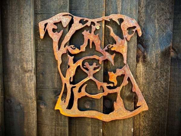 Small Exterior Rustic Rusty Staffordshire Bull Terrier Staffy Dog Head Garden Wall Hanger House Gate Sign Hanging Metal Art Sculpture