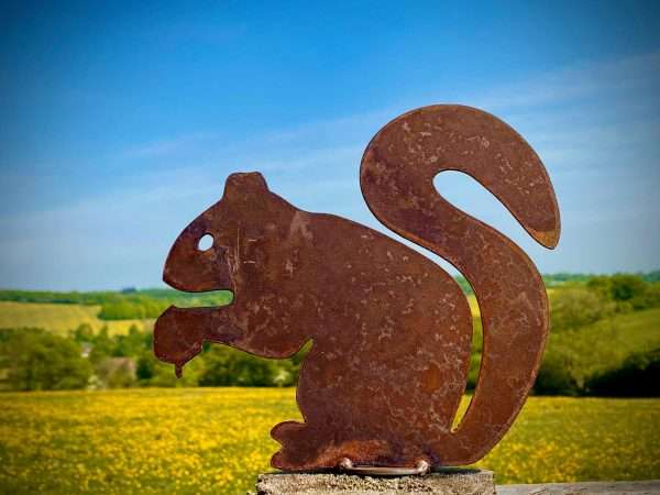 Medium Exterior Rustic Rusty Metal Squirrel Garden Stake / Fence Topper Yard Art Bird Table  Sculpture  Gift   Present
