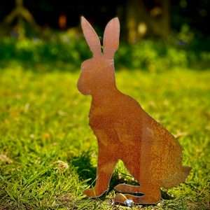 Large Exterior Rustic Metal Sitting Hare Rabbit Garden Stake Yard Art  / Flower Bed / Vegetable Patch Sculpture  Gift   Present