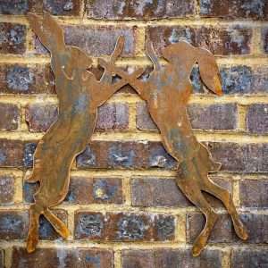 Exterior Small Rustic Metal Boxing Hares Rabbit Garden Wall House Fence Sign Art Sculpture  Gift   Present