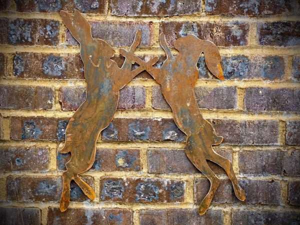 Exterior Small Rustic Metal Boxing Hares Rabbit Garden Wall House Fence Sign Art Sculpture  Gift   Present