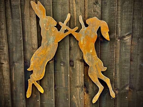 Exterior Small Rustic Metal Boxing Hares Rabbit Garden Wall House Fence Sign Art Sculpture  Gift   Present - Image 2