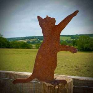 Exterior Rustic Rusty Metal Cat Playing Garden Fence Topper Yard Art Gate Post  Sculpture  Gift   Present