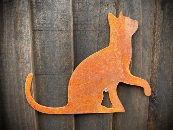 Small Exterior Cat Looking Up Feline Garden Wall House Gate Fence Shed Sign Hanging Metal Rustic Bird Bath Bird Feeder Art  Gift - Image 2