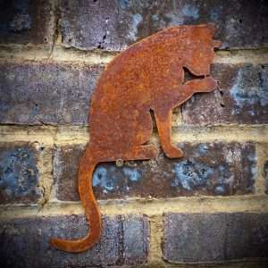 Small Exterior Cat Washing Feline Garden Wall House Gate Fence Shed Sign Hanging Metal Rustic Bird Bath Bird Feeder Art  Gift