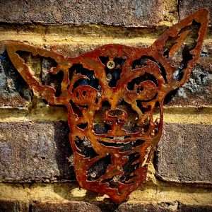 Small Exterior Rustic Rusty Chihuahua Little Dog Head Garden Wall Hanger House Gate Fence Sign Hanging Metal Art Shed Sculpture  Gift