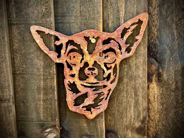 Small Exterior Rustic Rusty Chihuahua Little Dog Head Garden Wall Hanger House Gate Fence Sign Hanging Metal Art Shed Sculpture  Gift - Image 2