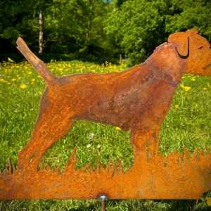 Large Rustic Metal Exterior Rusty Border Terrier Dog Garden Stake Yard Art  / Flower Bed / Vegetable Patch Sculpture  Gift