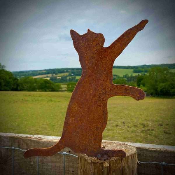 Large Exterior Rustic Rusty Metal Cat Playing Garden Fence Topper Yard Art Gate Post  Sculpture  Gift   Present
