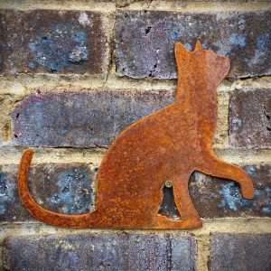 Small Exterior Cat Looking Up Feline Garden Wall House Gate Fence Shed Sign Hanging Metal Rustic Bird Bath Bird Feeder Art  Gift