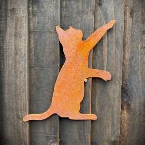 Small Exterior Cat Playing Feline Garden Wall House Gate Fence Shed Sign Hanging Metal Rustic Bird Bath Bird Feeder Art  Gift