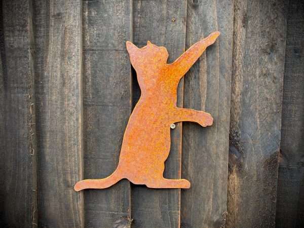 Small Exterior Cat Playing Feline Garden Wall House Gate Fence Shed Sign Hanging Metal Rustic Bird Bath Bird Feeder Art  Gift