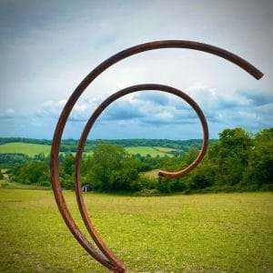 Large Rustic Metal Garden Art Abstract Flowing Swirl Metal Ring Sculpture Scroll Sphere Arched Yard Art   Gift   Present