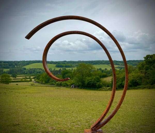 Small Rustic Metal Garden Art Abstract Flowing Swirl Metal Ring Sculpture Scroll Sphere Arched Yard Art  Art  Gift   Present - Image 2