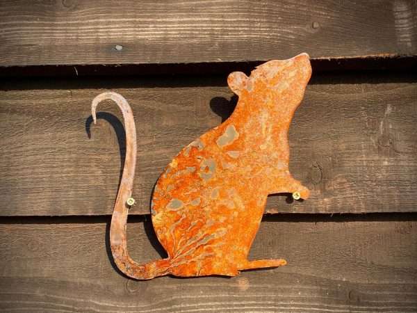 Small Exterior Rustic Rusty Metal Rat Ratty Roland Rodent Vermin Garden Fence House Wall Sign Hanging Yard Art Gate Post  Sculpture