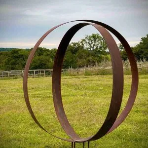 Large Rustic Metal Wide Garden Ring Hoop Sculpture - Pair of Rusty Ring Circle Garden Art / Globe / Sphere  Gift   Present