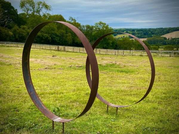 XL Rustic Metal Wide Garden Ring Hoop Sculpture - Pair of Rusty Ring Circle Garden Art / Globe / Sphere  Gift   Present - Image 5