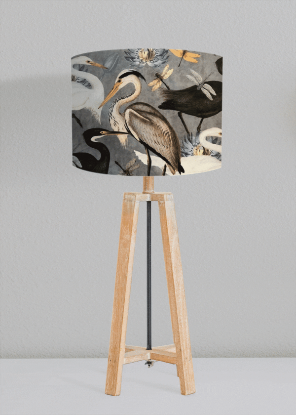 Lampshade hand rolled in a stunning velvet Heron fabric with dragonflies and flowers - Image 2