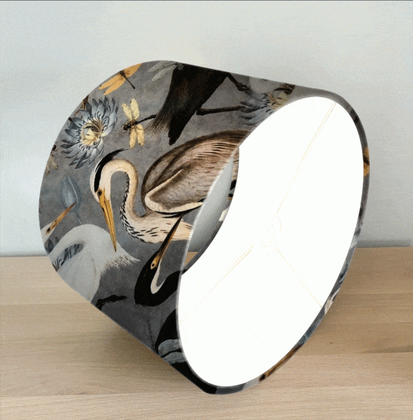 Lampshade hand rolled in a stunning velvet Heron fabric with dragonflies and flowers - Image 3