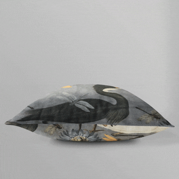 Herons and dragonflies gorgeous Cushion Cover in an Italian Velvet Fabric printed in Greys , black , white and beige - Image 3