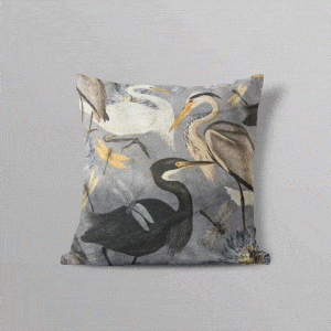 Herons and dragonflies gorgeous Cushion Cover in an Italian Velvet Fabric printed in Greys , black , white and beige