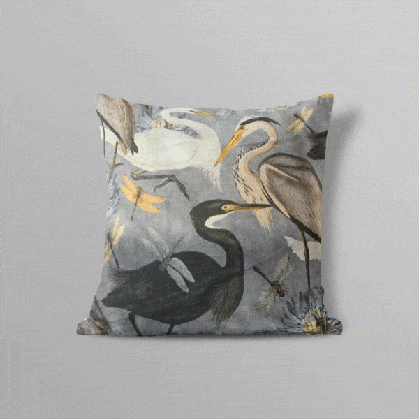 Herons and dragonflies gorgeous Cushion Cover in an Italian Velvet Fabric printed in Greys , black , white and beige