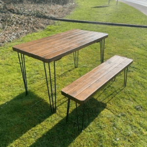 Rustic Garden solid wood dining table and bench set treated UK handmade hairpin weather resistant free delivery tanalised outdoor patio