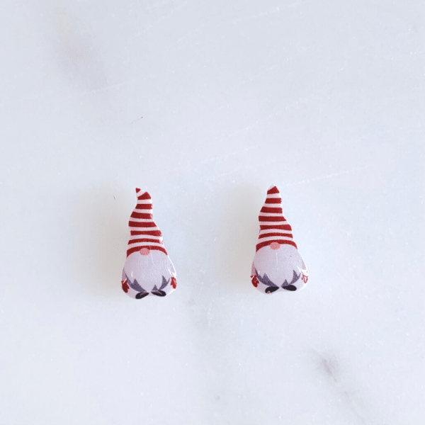 front of stripy gonk/gnome earrings