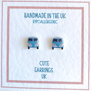 Blue vintage camper van stud earrings by Cute Earrings UK