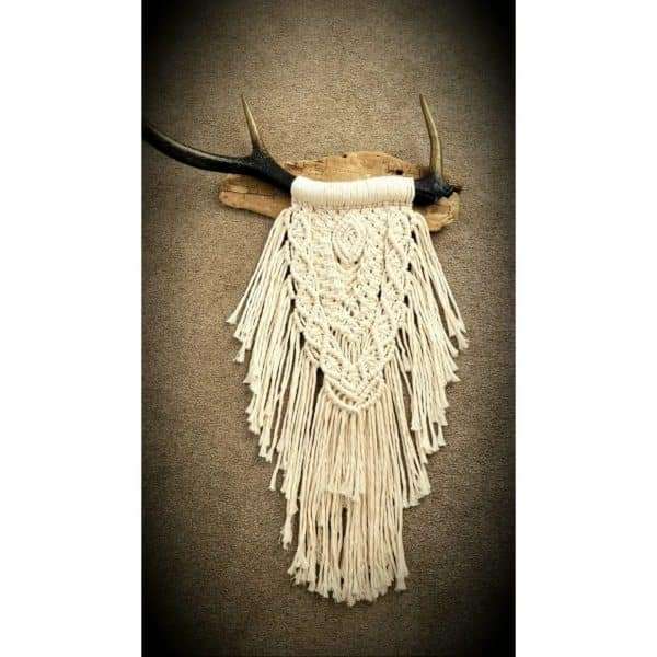 MORAG   MACRAME WALL HANGING ON ANTLER ANCHORED TO DRIFTWOOD