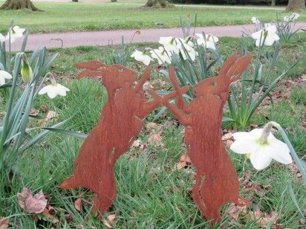Rusty Boxing Hares Sculpture