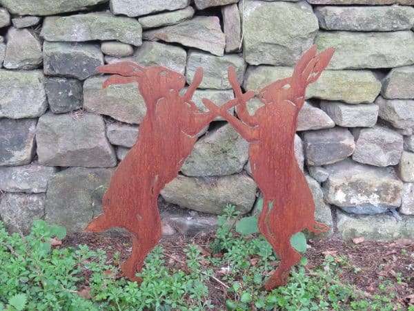 Rusty Boxing Hares Sculpture