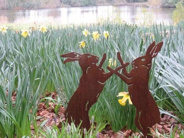 Rusty Boxing Hares Sculpture