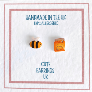 Bee and Honey pot mismatched stud earrings by Cute Earrings UK