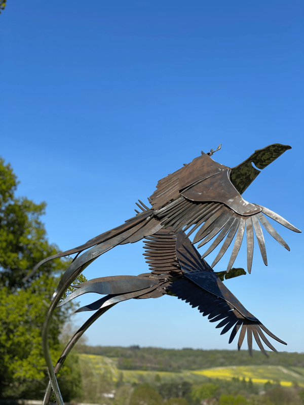 download 1 6 Our LifeSize "Brace of Pheasants" Sculpture   Our Brace of Pheasant's are handcrafted using 5mm thick mild steel, sculptures using hand drawn feather outlines. Inspiration for our pheasants came from watching the pheasant's take off from the bluebell woodland by our studio. We have been lucky enough to have a few cock birds most mornings mooching around the workshop & heading across to see our sculptures.   Approx Diamentions: These will vary for each pair Overall height 250cm <div>Overall width 150cm</div> <div>Overall depth 140cm</div> <div></div> <div>Each Pheasant dimensions -</div> <div>Length 110cm</div> <div>Width 110cm</div> <div>Depth 30cm (including curve in the wings)</div> <div></div> <div>Positioning of pheasant - ideal viewing point - the birds start at 170cm and finish at 250cm height.</div> <div></div> <div>Base is a 50mm x 50mm box frame measuring 1m x 1m - we recommend to be either concreted and bolted done during install to secure the sculpture safely.</div> Suitable for any area. All Enquiries Welcome Worldwide Shipping & Installation Available   We Welcome Studio Visits - By Appointment Only www.elliottoflondon.co.uk info@elliottoflondon.co.uk 01494 758 896