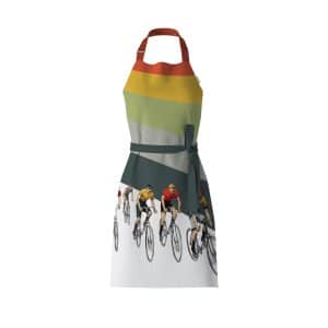 Cameron vintage cycling kitchen apron with bike riders and stripes from mustard and gray