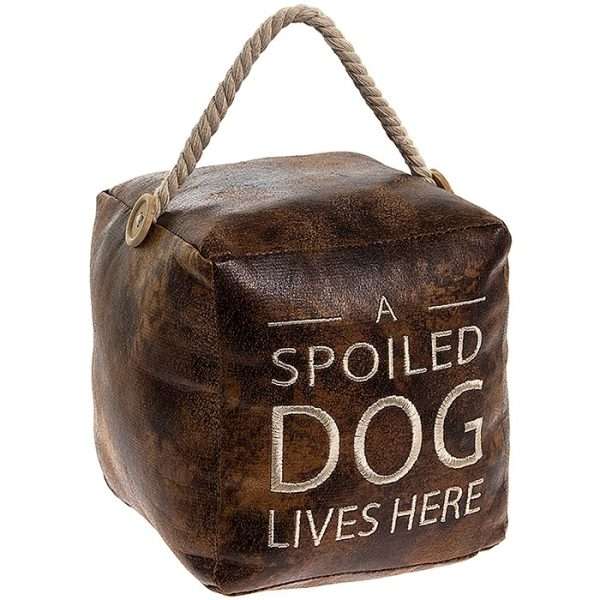 Antique brown Dog Square Doorstop <h1 id="title" class="a-size-large a-spacing-none"><span id="productTitle" class="a-size-large product-title-word-break">Faux Leather Distressed Vintage Cube A Spoiled Dog Lives Here Door Stop</span></h1>