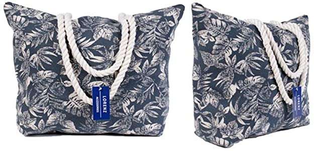 Ladies Navy and White Leaf Print Canvas Beach Bag Zip Top Navy leaf print canvas great for holiday shopping or work has 1 zip main compartment with rope grab handles