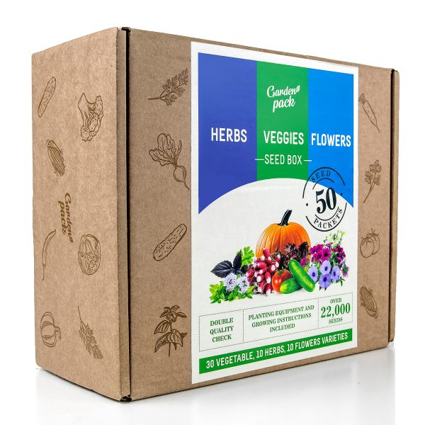 50 types of seeds scaled <strong>Veget</strong><strong>able seeds for planting</strong>: Go ahead & indulge that ‘green’ thumb! Plant & grow your own vegetables, flowers and herbs at home using the 50 Variety Gardening Kit.   <strong>What's included:</strong> <ul> <li>Separated into 30 Veggies, 10 Flowers and 10 herbs seeds varieties packaged in paper sachets, approximately over 22,000 seeds;</li> <li><span style="font-weight: 400">Gardening gloves and claws, 15 bamboo plants markers;</span></li> <li>Easy to follow growing guide;</li> </ul> <strong>OUR BEST VALUE GARDENING KIT</strong> to save money, reduce your carbon footprint & celebrate the natural powers of plants with your own vegetable plants & seeds.