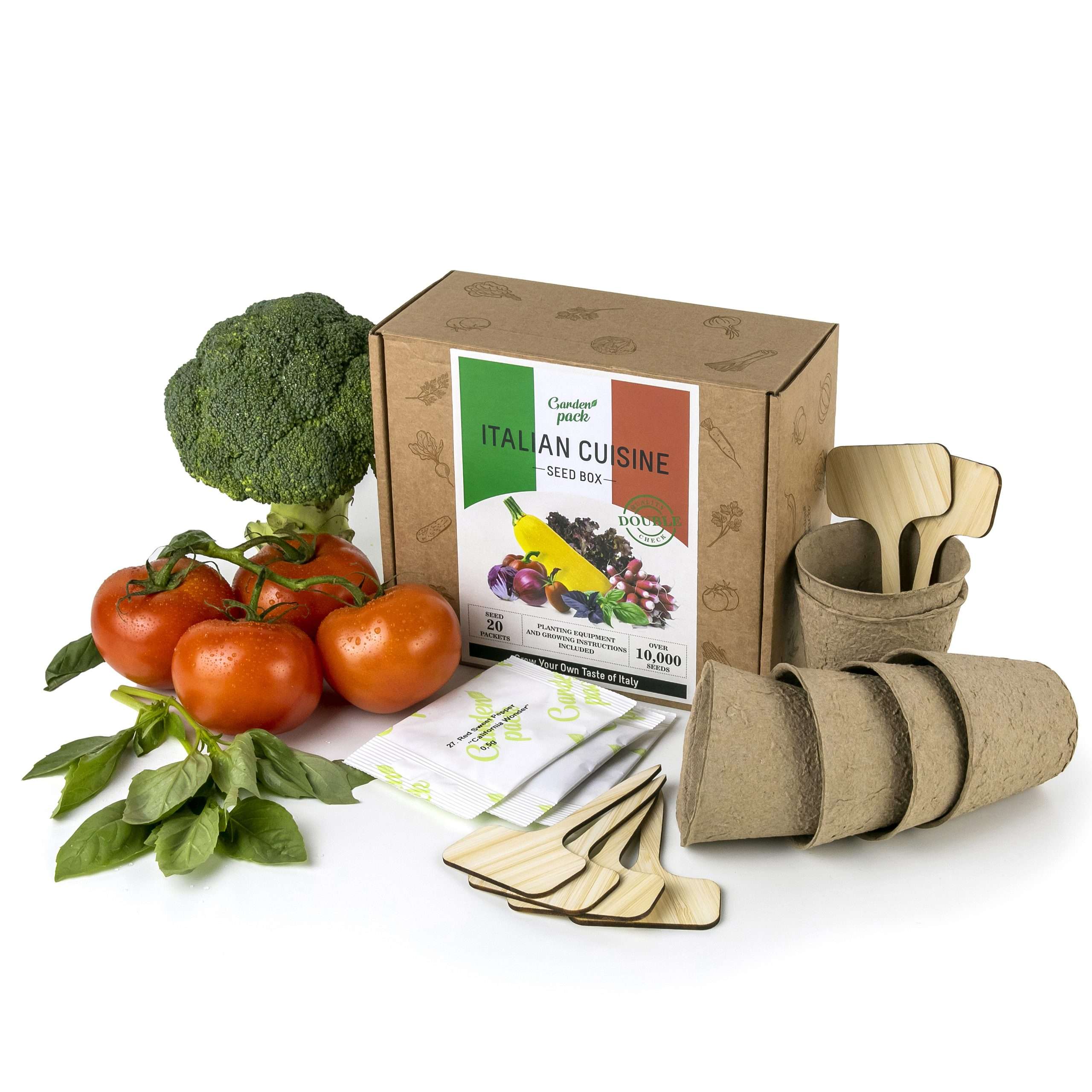 Tomato scaled GROW YOUR SEED COLLECTION of 20 most popular Italian ingredient varieties in one seed starter kit features veggies and culinary herb seeds no Italian dish can do without!   <strong>What's included:</strong> <ul> <li>20 of the most popular Italian ingredient varieties: Basil, Parsley, Oregano, Thyme, Marjoram, and more!</li> <li>2 high quality rubber Gardening Gloves with Claws;</li> <li>6 Biodegradable Peat Pots & 6 Bamboo Plant Markers</li> <li>Easy to follow growing guide;</li> <li>Low Shipping rates;</li> </ul>   <strong><span data-preserver-spaces="true">OUR BEST VALUE GARDENING KIT</span></strong><span data-preserver-spaces="true"> to save money, reduce your carbon footprint & celebrate the natural powers of plants with your vegetable plants & seeds.</span>  