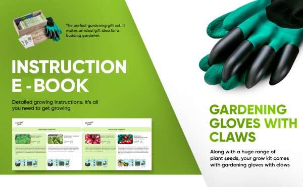instruction e book edited <strong>What's included:</strong> <ul> <li>65 different vegetable plants, 15 types of herb plants and 20 varieties of flowers, you’ll receive over 45,000 seeds in total!</li> <li>Packaged in a deluxe wooden box;</li> <li>Gardening gloves and claws;</li> <li>Easy to follow growing guide;</li> </ul> <strong>OUR BEST VALUE GARDENING KIT</strong> to save money, reduce your carbon footprint & celebrate the natural powers of plants with your own vegetable plants & seeds.  