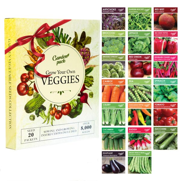 ribbon 5 scaled Go ahead & indulge that ‘green’ thumb! Plant & grow your own vegetables at home using the Garden Pack 20 Vegetable Variety Pack. <strong>What's included:</strong> <ul> <li>20 vegetable varieties - approximately 8,000 veggie seeds;</li> <li><span style="font-size: 16px">Sowing and Growing instructions;</span></li> </ul> <span class="a-list-item"><strong>OUR BEST VALUE GARDENING KIT</strong> to save money, reduce your carbon footprint & celebrate the natural powers of plants with your own vegetable plants & seeds.</span>