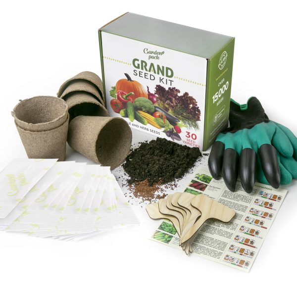 7 scaled <span style="font-weight: 400">Our experts at Garden Pack, have equipped the Grand Seed Growing Kit with premium-quality seeds and garden accessories. Packed in a Gardening Seed Box, this all-in-one starter kit that makes a unique and thoughtful gift to learn how to NURTURE and GROW seeds.</span>   <strong>What's included:</strong> <ul> <li id="title" class="a-size-large a-spacing-none"><span id="productTitle" class="a-size-large product-title-word-break">30 carefully selected SEED PACKETS;</span></li> <li id="title" class="a-size-large a-spacing-none"><span id="productTitle" class="a-size-large product-title-word-break">6 Biodegradable Peat Pots & 6 bamboo plant markers;</span></li> <li id="title" class="a-size-large a-spacing-none"><span id="productTitle" class="a-size-large product-title-word-break">Durable GARDENING GLOVES with removable claws;</span></li> <li>Easy to follow growing guide;</li> </ul>   <strong>OUR BEST VALUE GARDENING KIT</strong> to save money, reduce your carbon footprint & celebrate the natural powers of plants with your own vegetable plants & seeds.