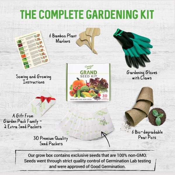 Grand pack Amazonei FIXED <span style="font-weight: 400">Our experts at Garden Pack, have equipped the Grand Seed Growing Kit with premium-quality seeds and garden accessories. Packed in a Gardening Seed Box, this all-in-one starter kit that makes a unique and thoughtful gift to learn how to NURTURE and GROW seeds.</span>   <strong>What's included:</strong> <ul> <li id="title" class="a-size-large a-spacing-none"><span id="productTitle" class="a-size-large product-title-word-break">30 carefully selected SEED PACKETS;</span></li> <li id="title" class="a-size-large a-spacing-none"><span id="productTitle" class="a-size-large product-title-word-break">6 Biodegradable Peat Pots & 6 bamboo plant markers;</span></li> <li id="title" class="a-size-large a-spacing-none"><span id="productTitle" class="a-size-large product-title-word-break">Durable GARDENING GLOVES with removable claws;</span></li> <li>Easy to follow growing guide;</li> </ul>   <strong>OUR BEST VALUE GARDENING KIT</strong> to save money, reduce your carbon footprint & celebrate the natural powers of plants with your own vegetable plants & seeds.
