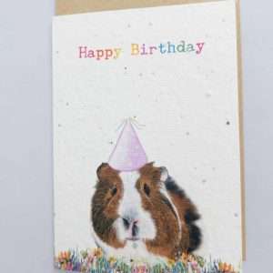 Plantable seed card featuring a cute Illustrated Guinea pig sat on bright pretty flowers with the sentiment Happy Birthday. Card is made of seed paper that will grow wildflowers when planted. card is A6 with a C6 envelope.