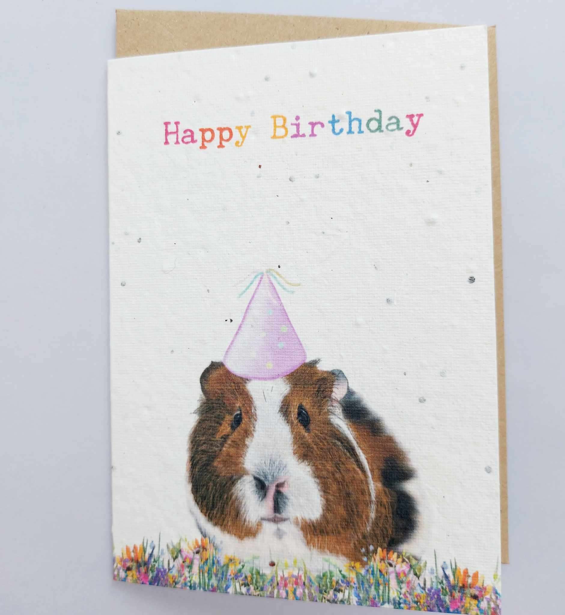 Plantable seed card featuring a cute Illustrated Guinea pig sat on bright pretty flowers with the sentiment Happy Birthday. Card is made of seed paper that will grow wildflowers when planted. card is A6 with a C6 envelope.