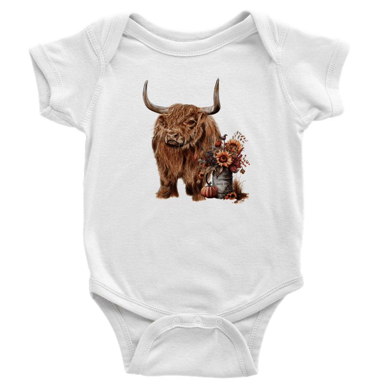 Baby vest in 100% cotton with an illustration of a highland cow and calf on the front.