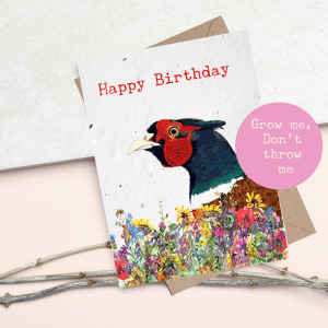 Plantable seed card with a pheasant illustration. A6 card with a c6 envelope made from plantable seed paper that grows wildflowers when planted.